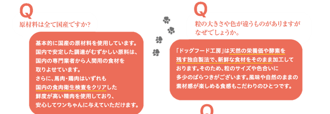 Q原材料は全て国産ですか？ 基本的に国産の原材料を使用しています。国内で安定した調達がむずかしい原料は、国内の専門業者から人間用の食材を取りよせています。さらに、馬肉･鶏肉はいずれも国内の食肉衛生検査をクリアした鮮度が高い精肉を使用しており、安心してワンちゃんに与えていただけます。 Q 粒の大きさや色が違うものがありますがなぜでしょうか。 「ドッグフード工房」は天然の栄養価や酵素を残す独自製法で、新鮮な食材をそのまま加工しております。そのため、粒のサイズや色合いに多少のばらつきがございます。風味や自然のままの素材感が楽しめる食感もこだわりのひとつです。