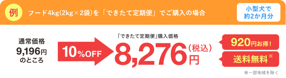 例フード4.8kg（2.4kg×2袋）を「できたて定期便」でご購入の場合小型犬で約2か月分 通常価格8,360円のところ 10%OFF 「できたて定期便」購入価格7,524円（税込） 836円お得！ 送料無料