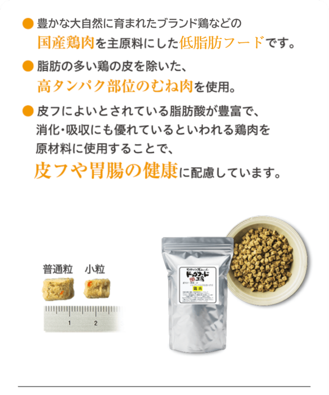 ● 富士山麓で育った「健味どり」などの国産地鶏を主原料にした低脂肪フードです。 ● 脂肪の多い鶏の皮を除いた、高タンパク部位のむね肉を使用。 ● 皮フによいとされている脂肪酸が豊富で、消化･吸収にも優れているといわれる鶏肉を原材料に使用することで、皮フや胃腸の健康に配慮しています。 全犬種・全年齢に対応